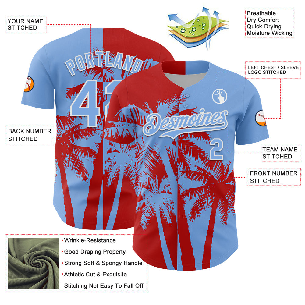 Custom Light Blue Red-White Hawaii Palm Trees Tropical Coconut Authentic Baseball Jersey view 3