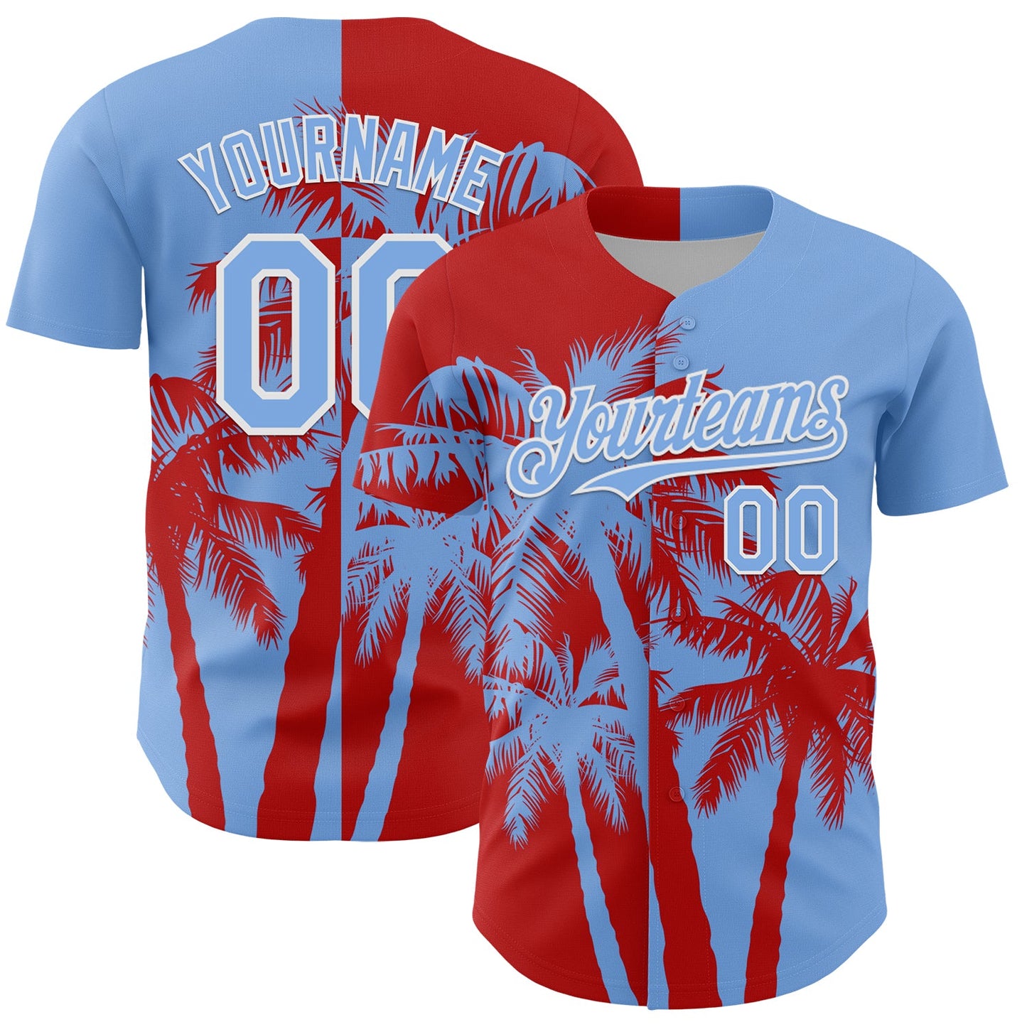 Custom Light Blue Red-White Hawaii Palm Trees Tropical Coconut Authentic Baseball Jersey - Main View