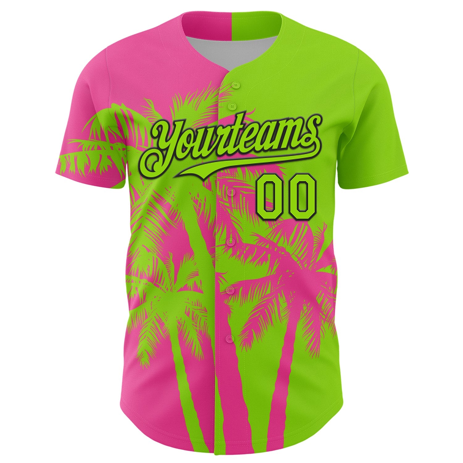 Custom Neon Green Pink-Black Hawaii Palm Trees Tropical Coconut Authentic Baseball Jersey view 2