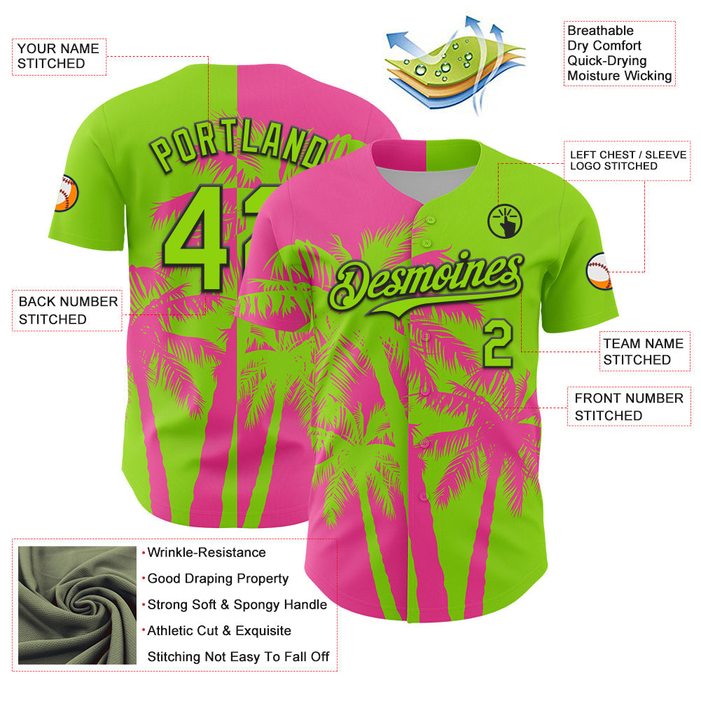 Custom Neon Green Pink-Black Hawaii Palm Trees Tropical Coconut Authentic Baseball Jersey view 3