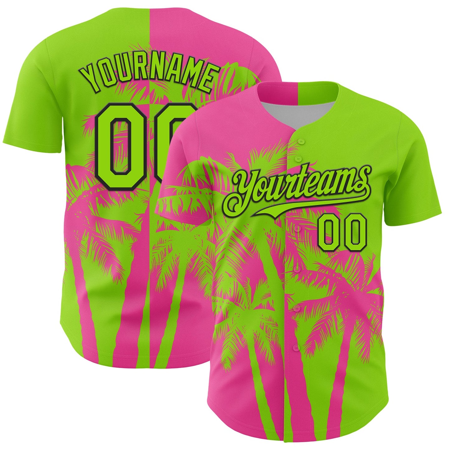 Custom Neon Green Pink-Black Hawaii Palm Trees Tropical Coconut Authentic Baseball Jersey - Main View