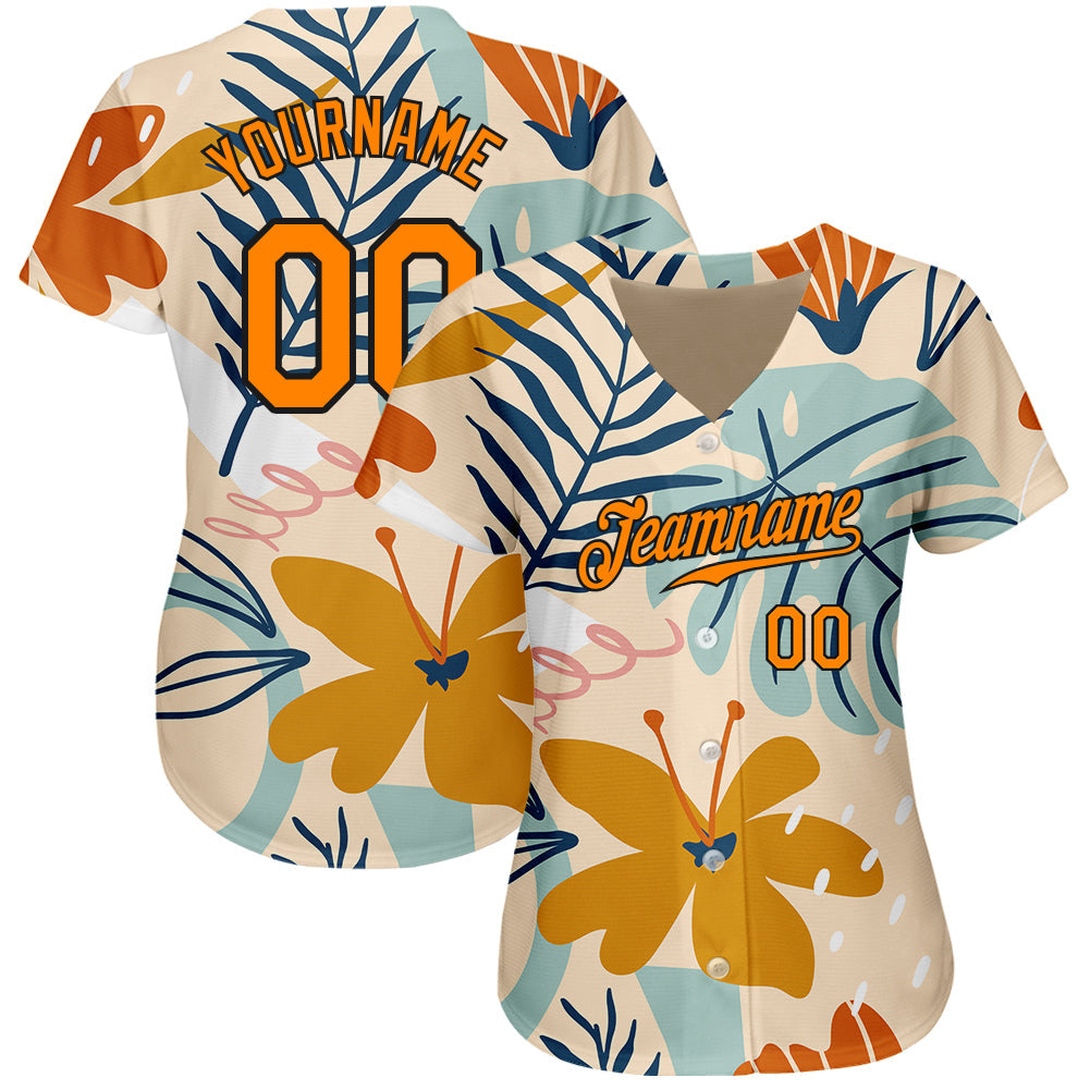 Custom Cream Bay Orange-Black 3D Pattern Design Hawaii Palm Leaves And Flowers Authentic Baseball Jersey view 2