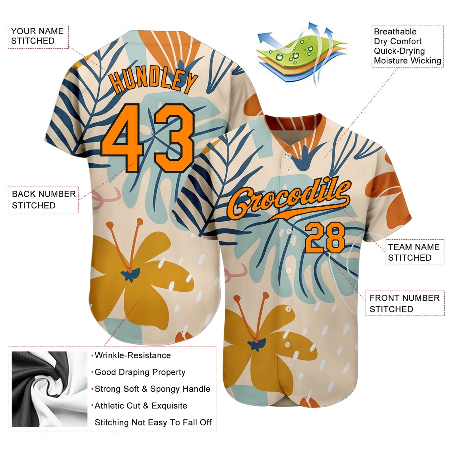 Custom Cream Bay Orange-Black 3D Pattern Design Hawaii Palm Leaves And Flowers Authentic Baseball Jersey view 3