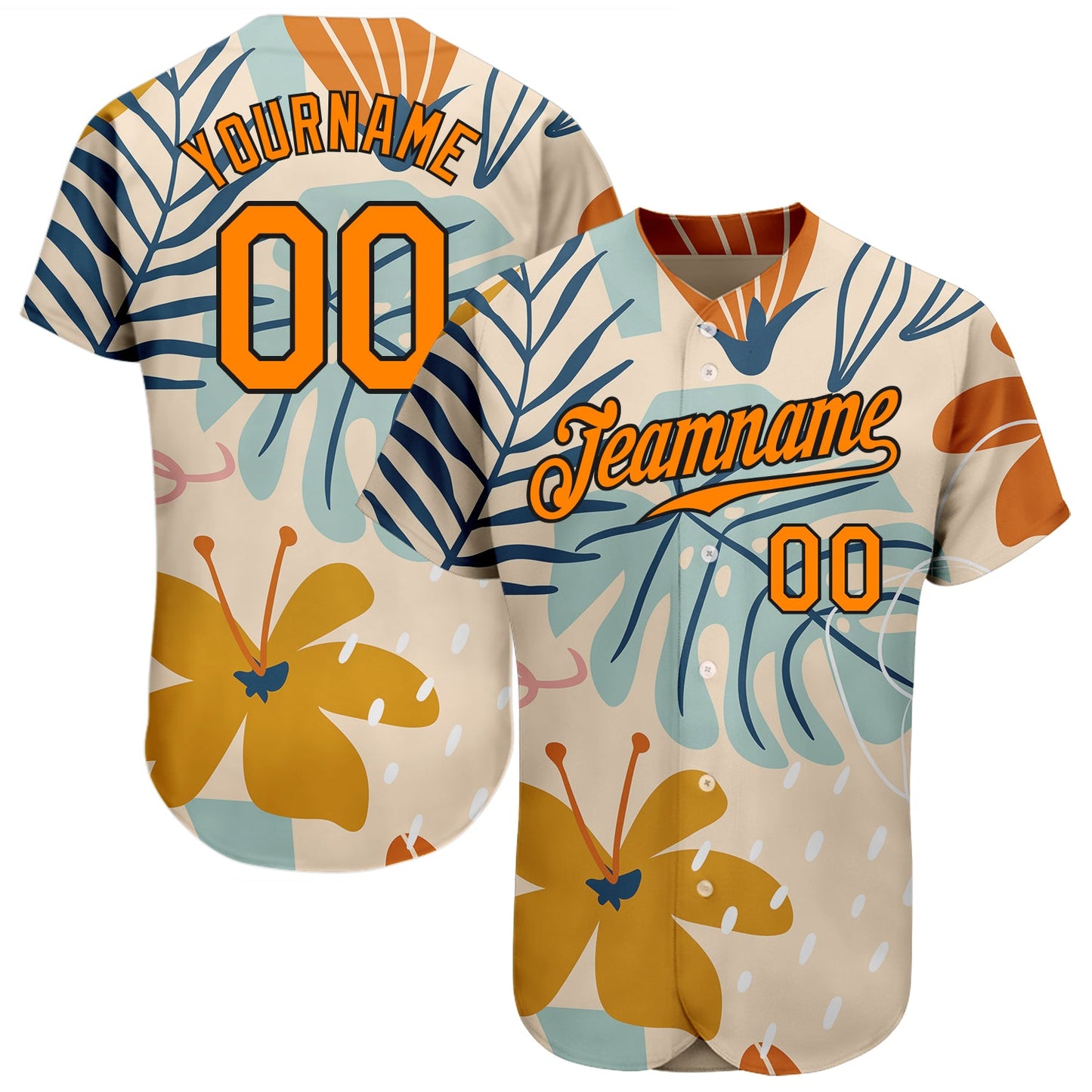 Custom Cream Bay Orange-Black 3D Pattern Design Hawaii Palm Leaves And Flowers Authentic Baseball Jersey - Main View