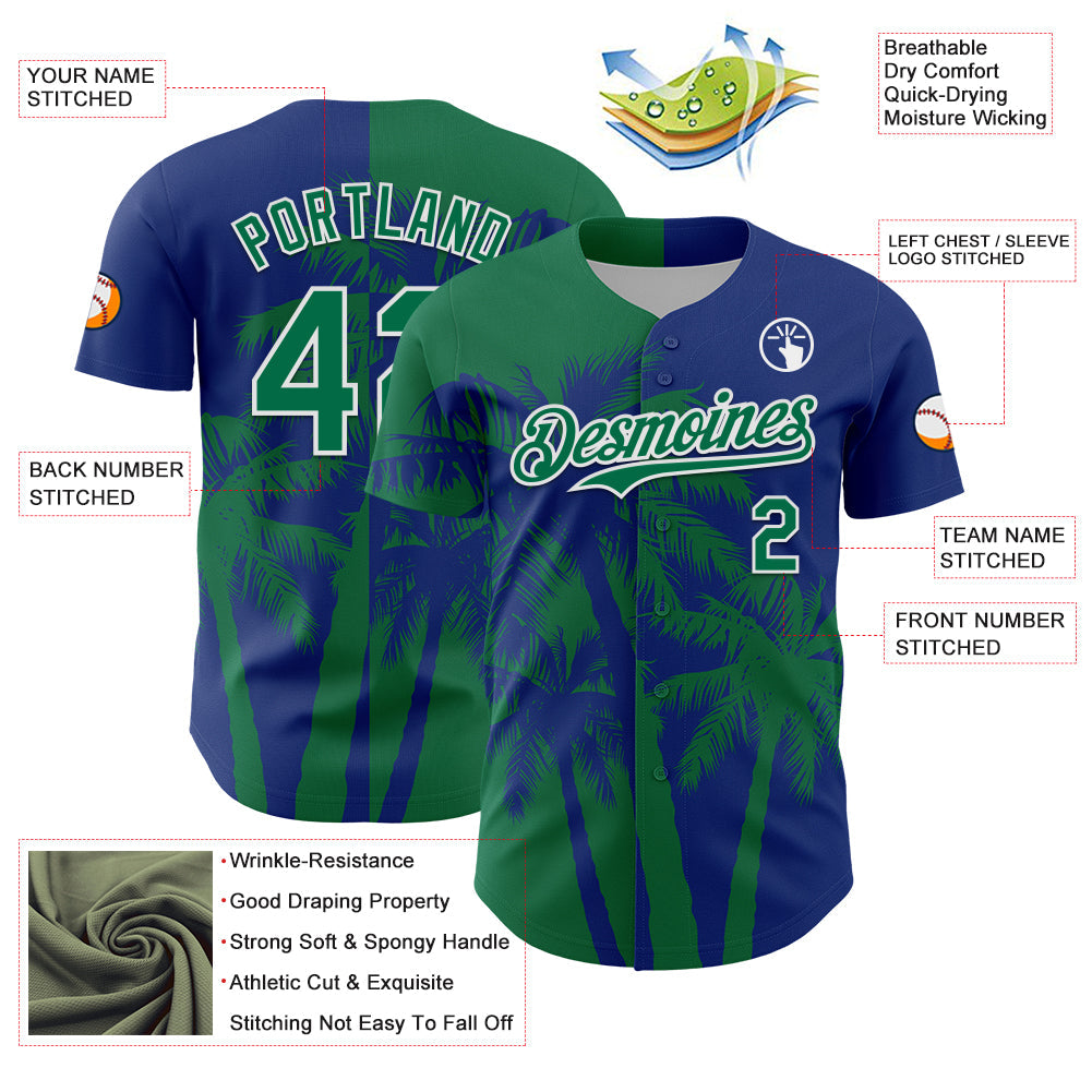 Custom Royal Kelly Green-White Hawaii Palm Trees Tropical Coconut Authentic Baseball Jersey view 3