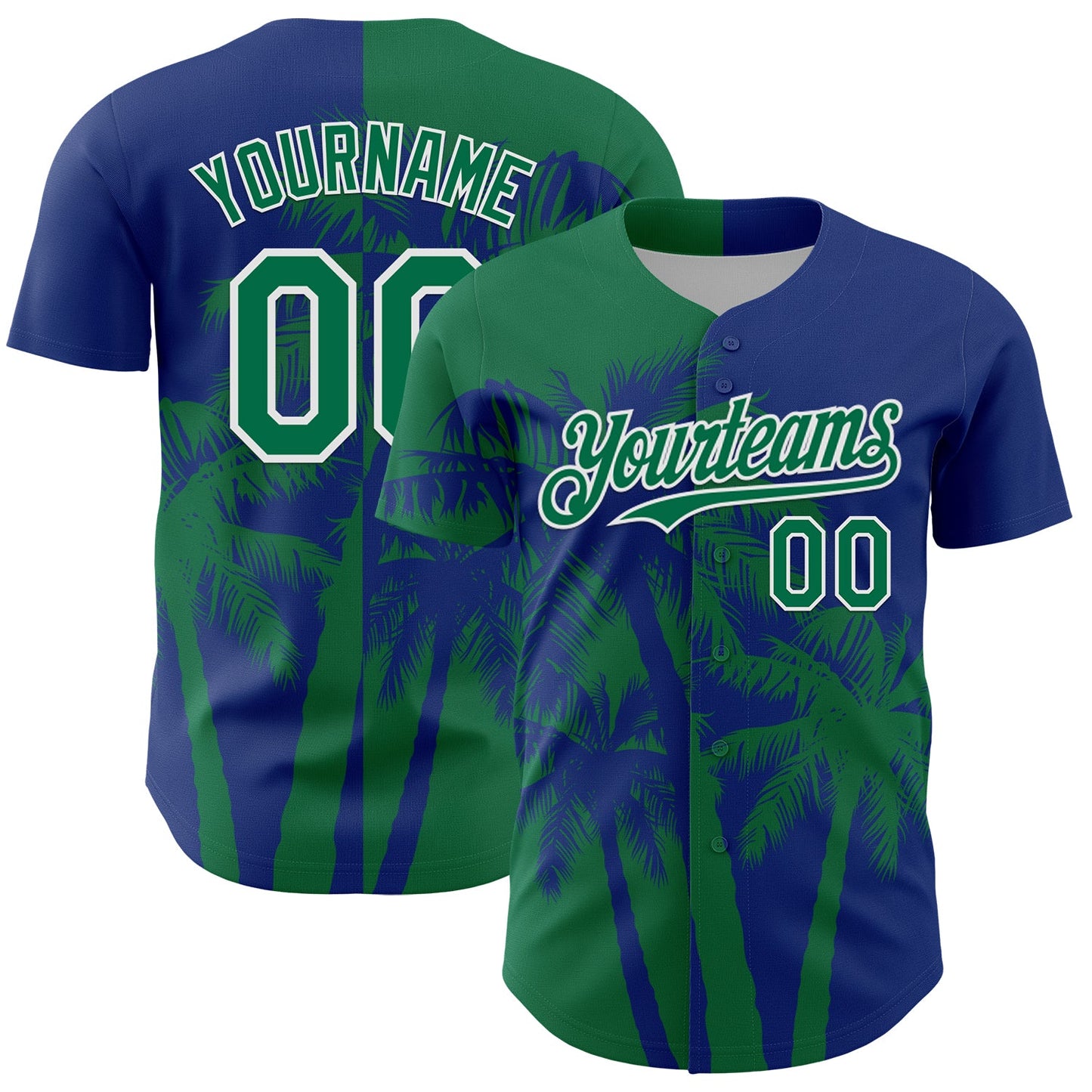 Custom Royal Kelly Green-White Hawaii Palm Trees Tropical Coconut Authentic Baseball Jersey - Main View