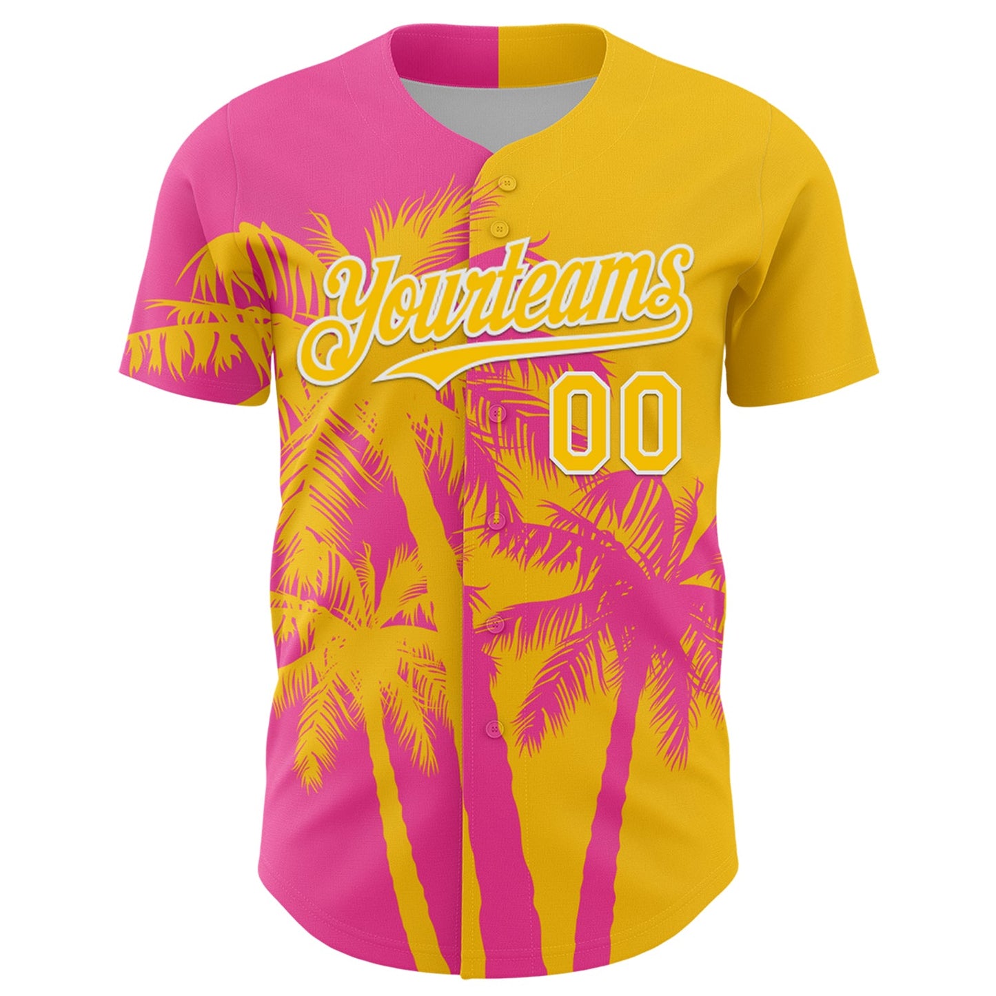 Custom Yellow Pink-White Hawaii Palm Trees Tropical Coconut Authentic Baseball Jersey view 2