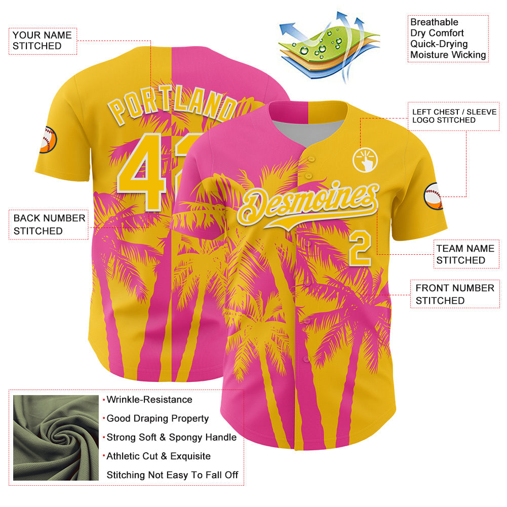 Custom Yellow Pink-White Hawaii Palm Trees Tropical Coconut Authentic Baseball Jersey view 3