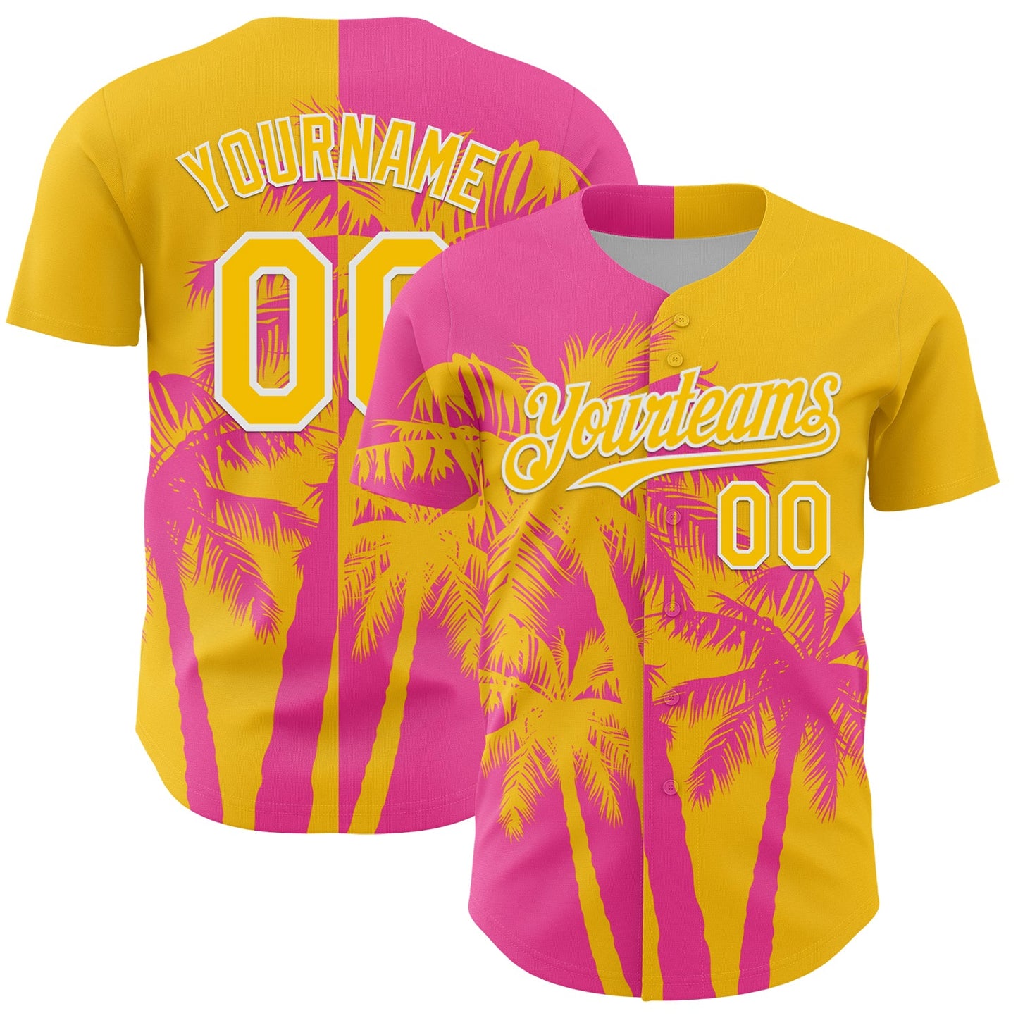 Custom Yellow Pink-White Hawaii Palm Trees Tropical Coconut Authentic Baseball Jersey - Main View