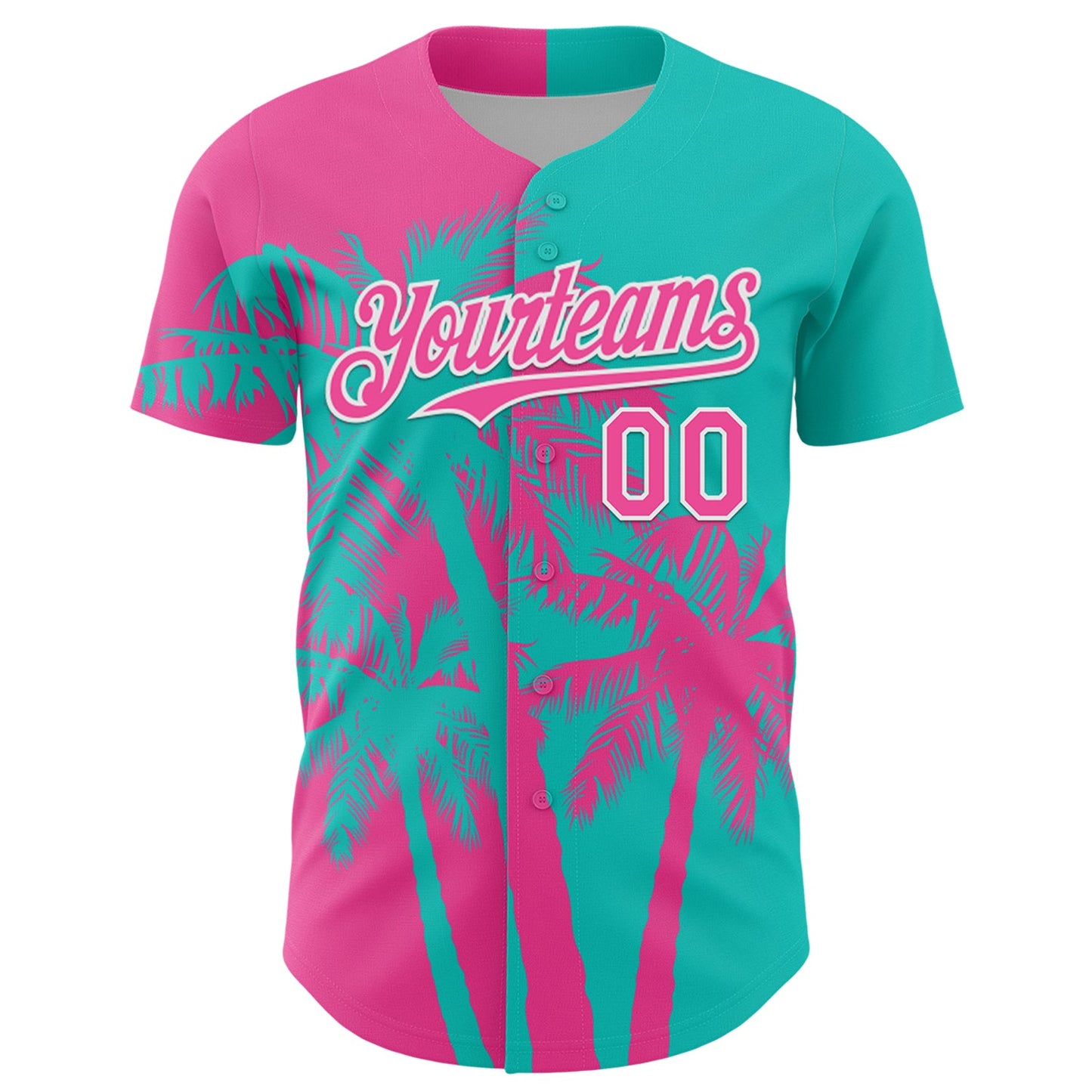 Custom Aqua Pink-White Hawaii Palm Trees Tropical Coconut Authentic Baseball Jersey view 2