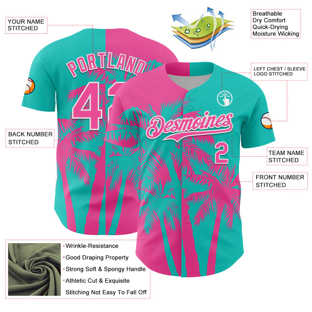 Custom Aqua Pink-White Hawaii Palm Trees Tropical Coconut Authentic Baseball Jersey view 3