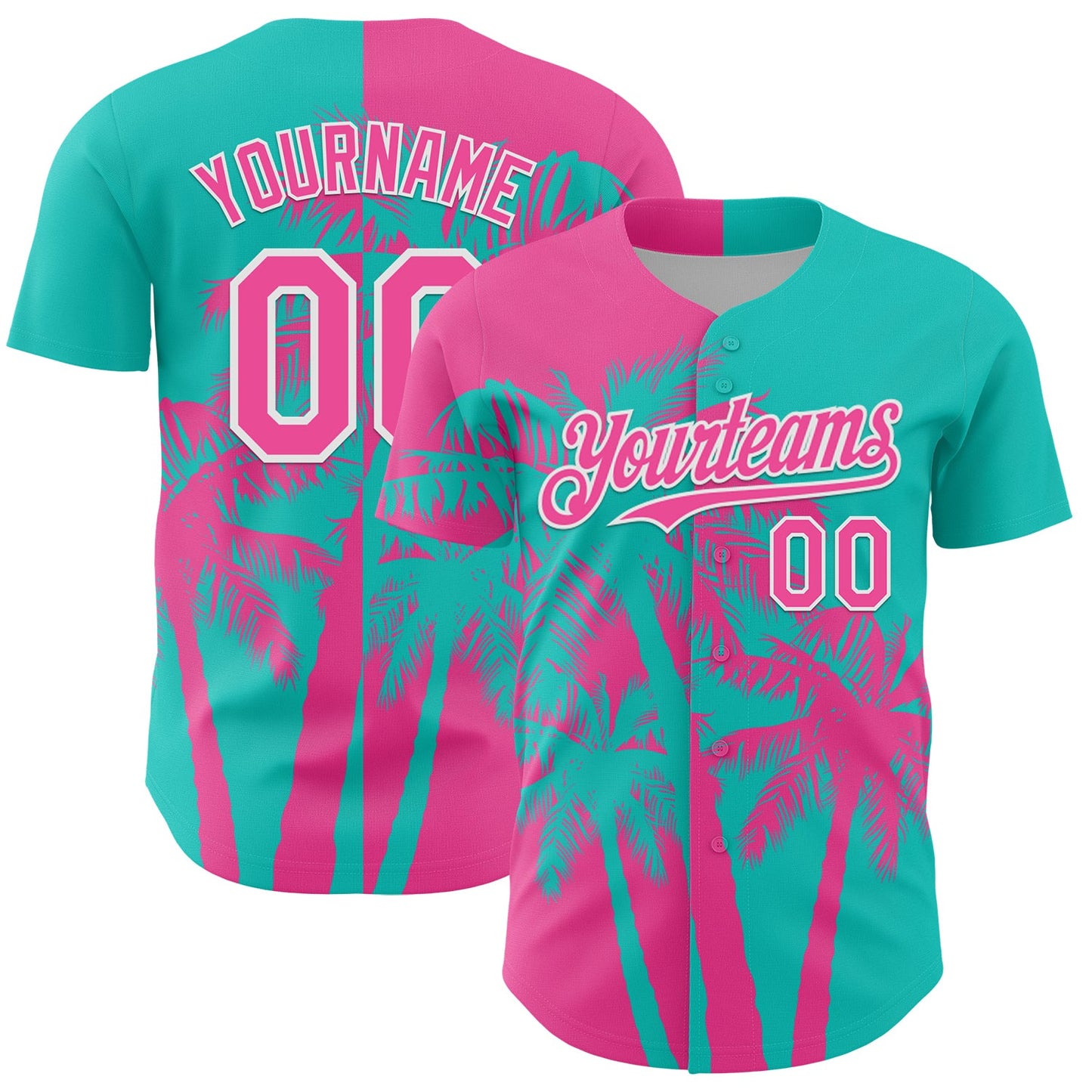 Custom Aqua Pink-White Hawaii Palm Trees Tropical Coconut Authentic Baseball Jersey - Main View