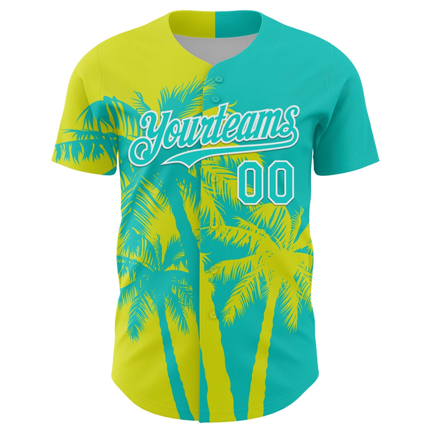 Custom Aqua Neon Yellow-White Hawaii Palm Trees Tropical Coconut Authentic Baseball Jersey view 2