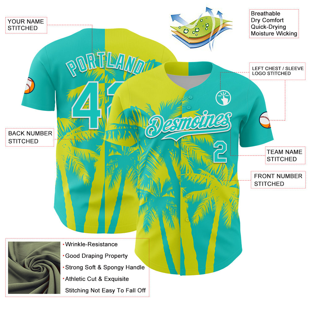 Custom Aqua Neon Yellow-White Hawaii Palm Trees Tropical Coconut Authentic Baseball Jersey view 3