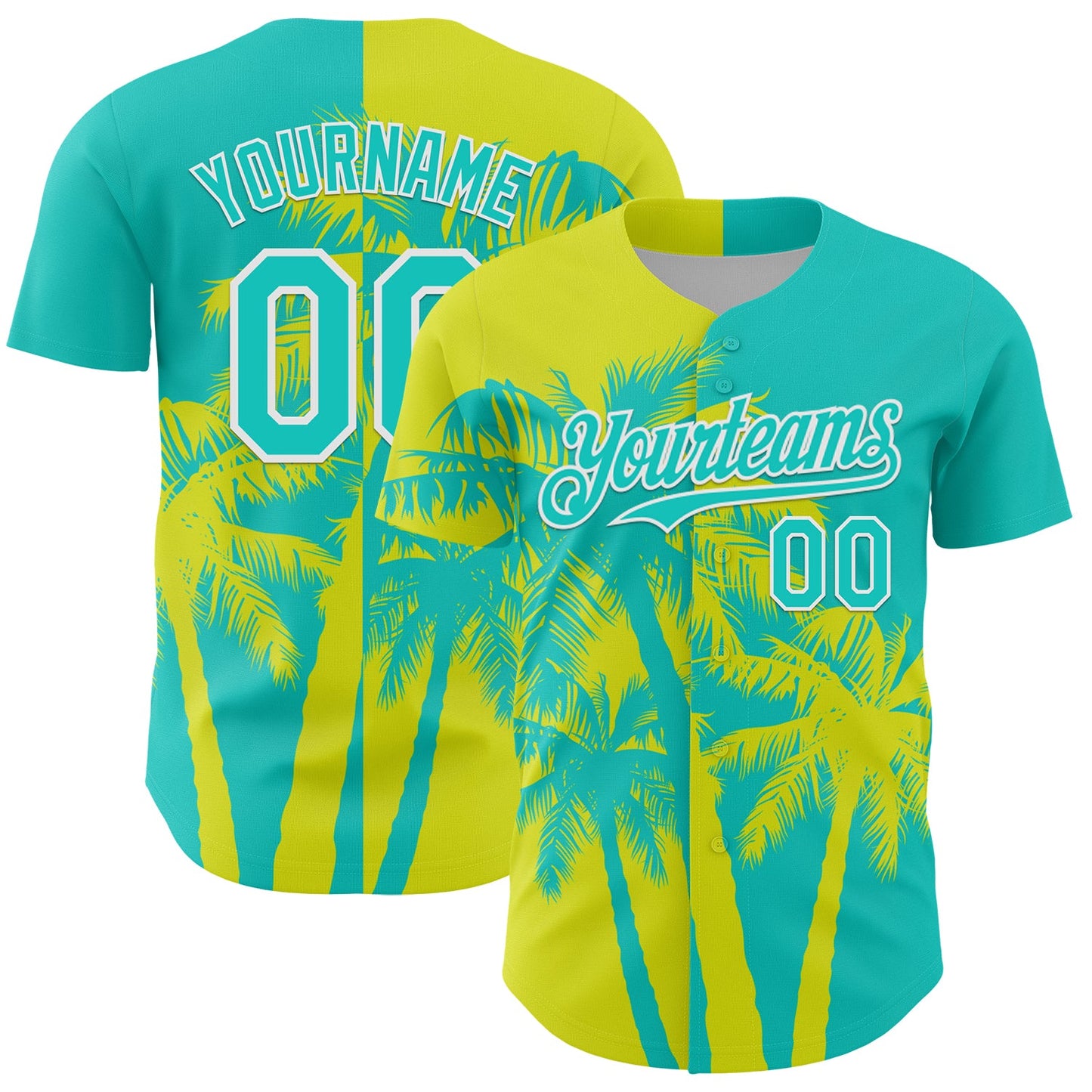 Custom Aqua Neon Yellow-White Hawaii Palm Trees Tropical Coconut Authentic Baseball Jersey - Main View