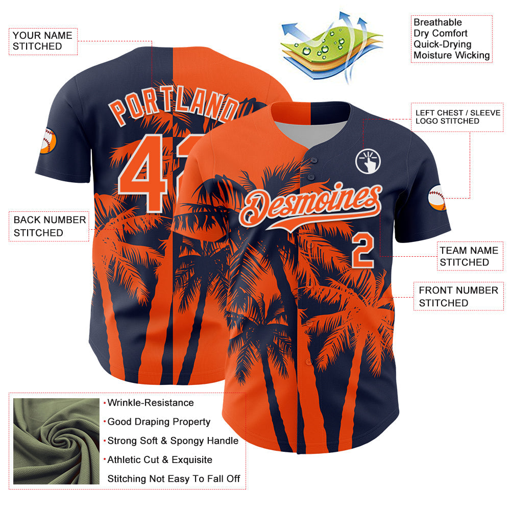 Custom Navy Orange-White Hawaii Palm Trees Tropical Coconut Authentic Baseball Jersey view 3