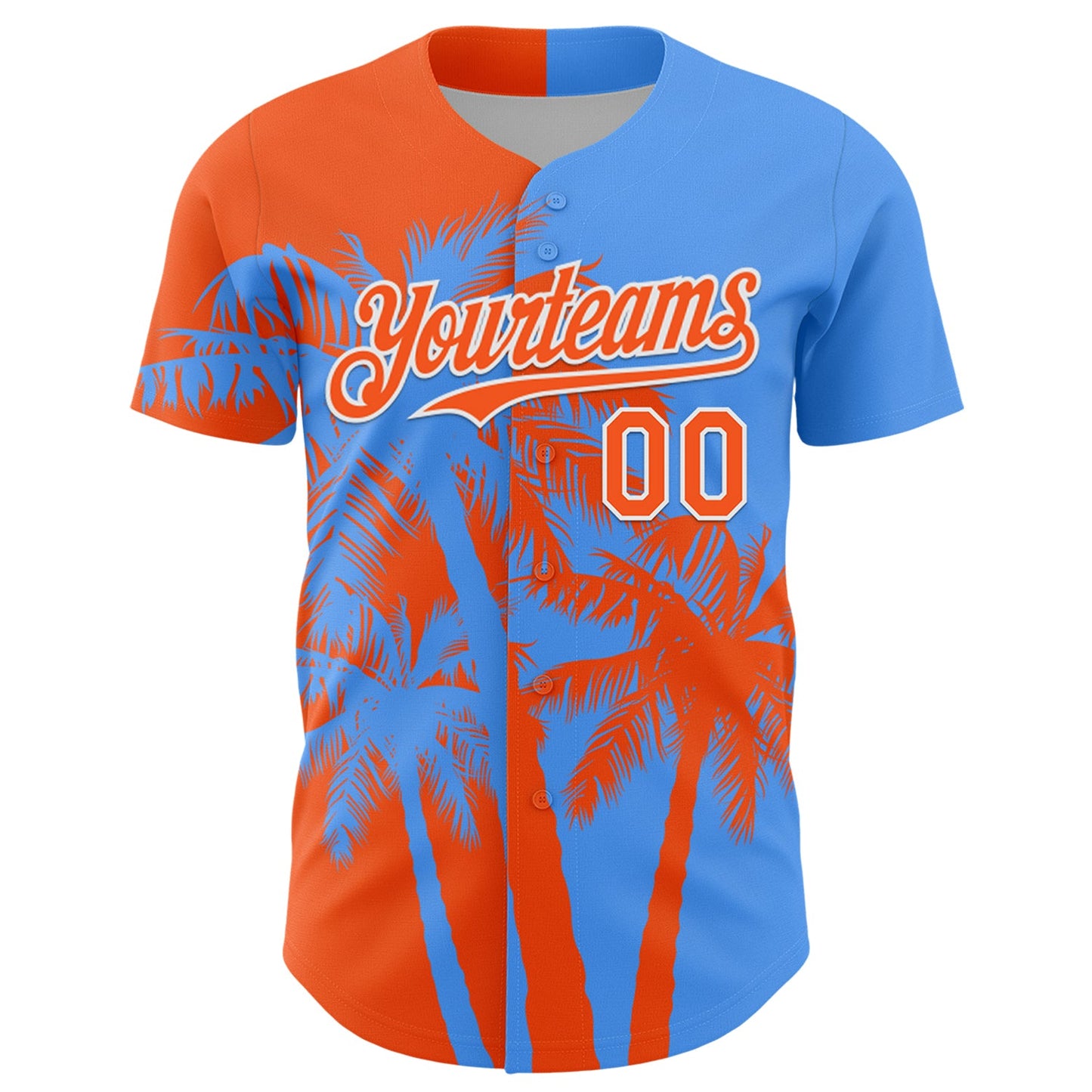 Custom Electric Blue Orange-White Hawaii Palm Trees Tropical Coconut Authentic Baseball Jersey view 2