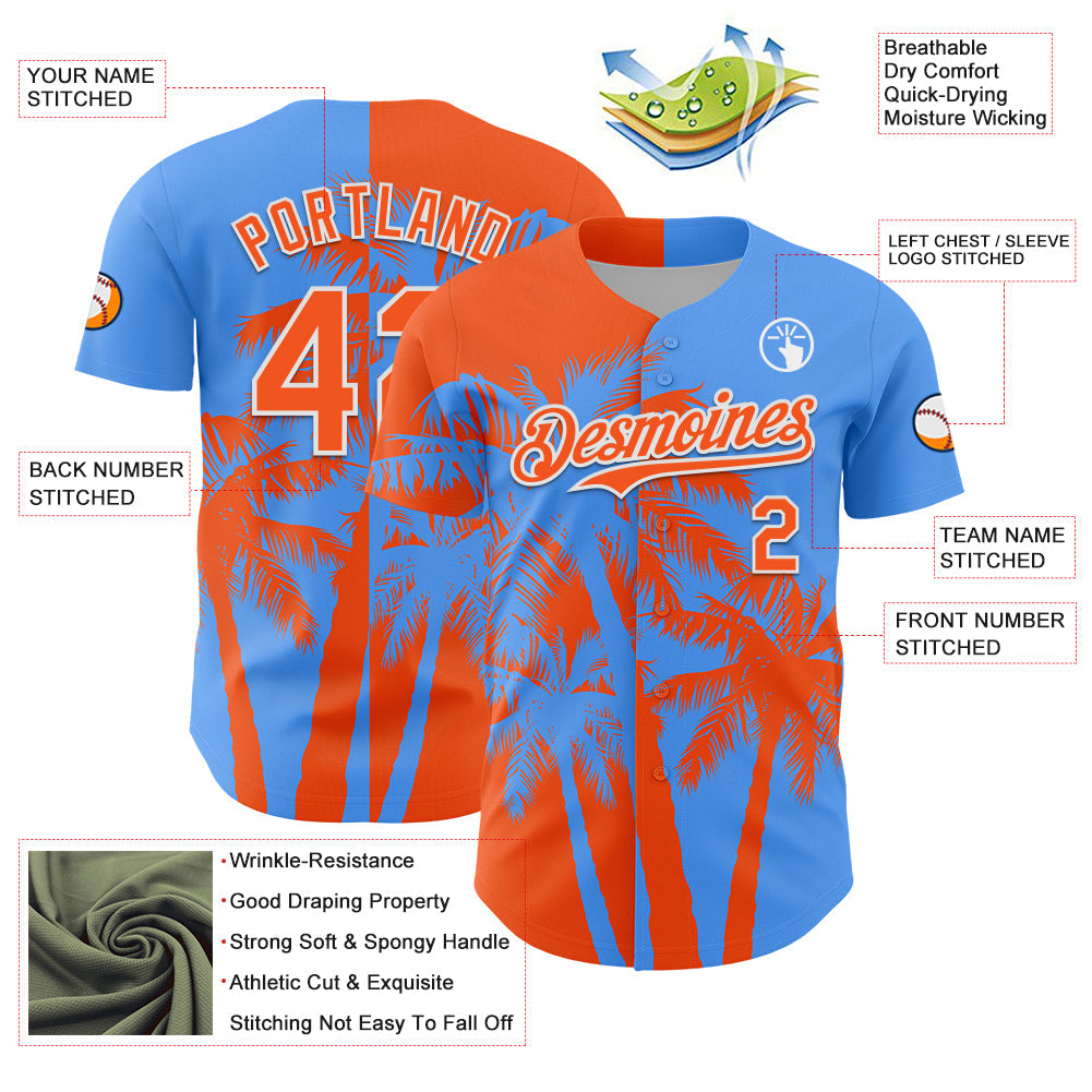 Custom Electric Blue Orange-White Hawaii Palm Trees Tropical Coconut Authentic Baseball Jersey view 3