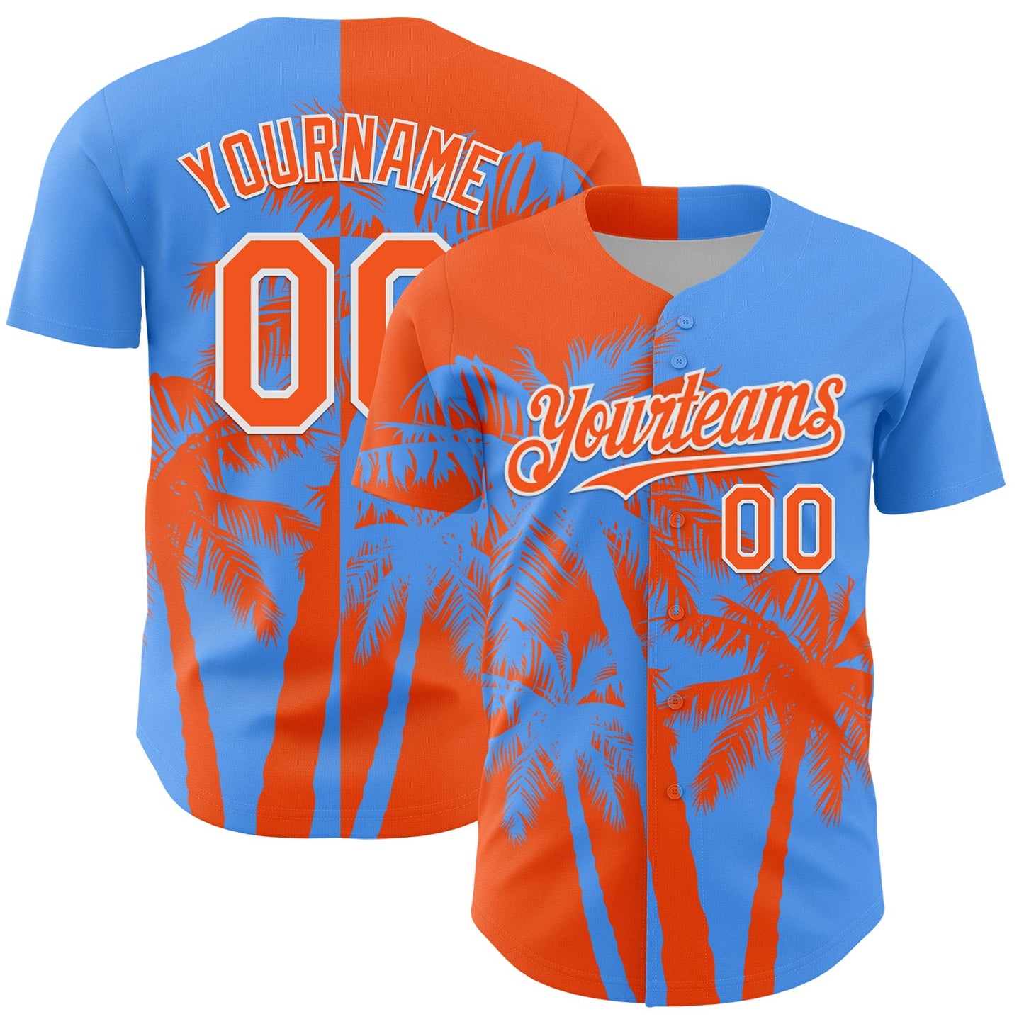 Custom Electric Blue Orange-White Hawaii Palm Trees Tropical Coconut Authentic Baseball Jersey - Main View
