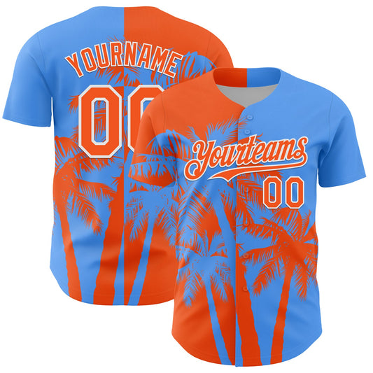 Custom Electric Blue Orange-White Hawaii Palm Trees Tropical Coconut Authentic Baseball Jersey - Main View