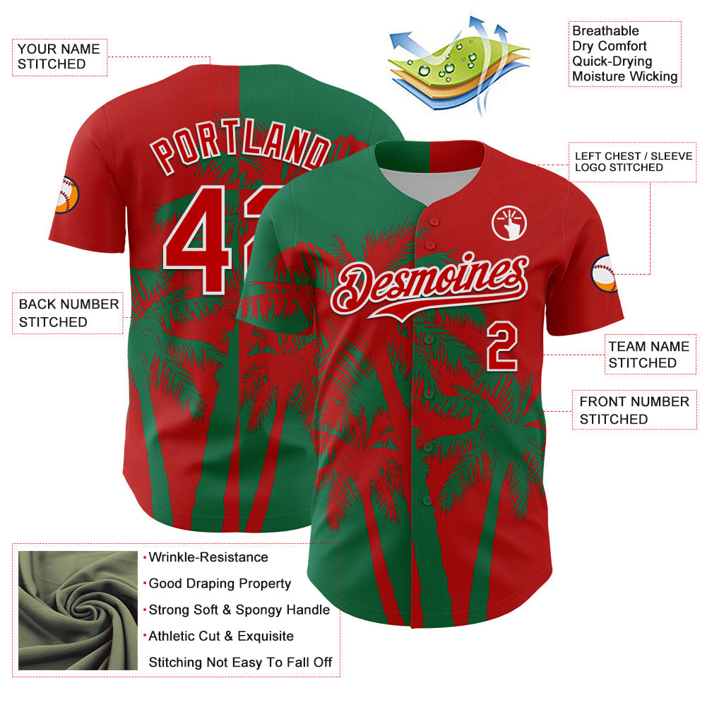 Custom Red Kelly Green-White Hawaii Palm Trees Tropical Coconut Authentic Baseball Jersey view 3