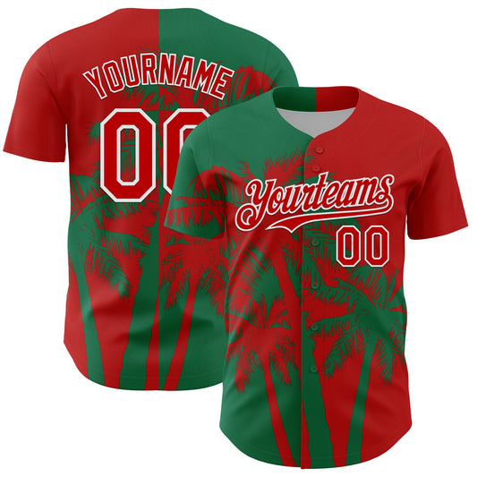 Custom Red Kelly Green-White Hawaii Palm Trees Tropical Coconut Authentic Baseball Jersey - Main View