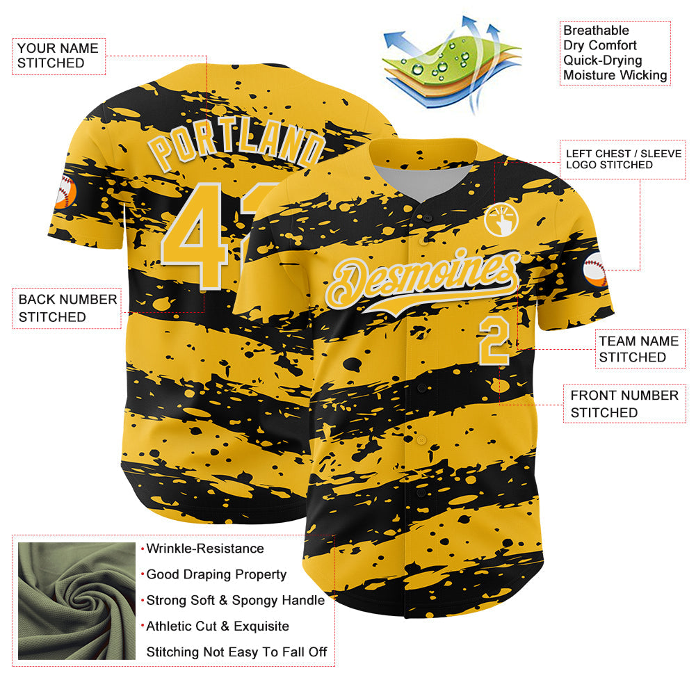 Custom Gold Black-White Paint Splash Stripe Authentic Baseball Jersey view 3