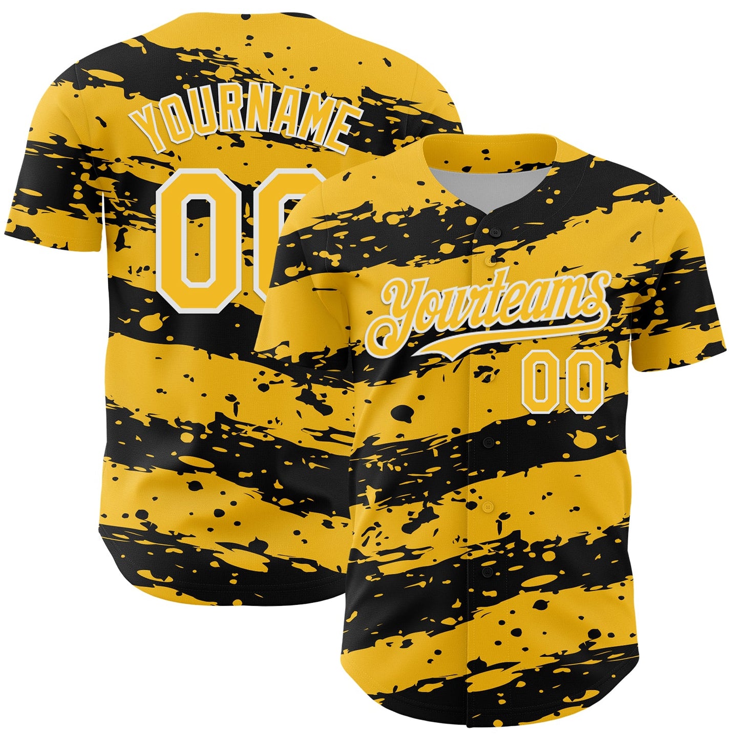 Custom Gold Black-White Paint Splash Stripe Authentic Baseball Jersey - Main View