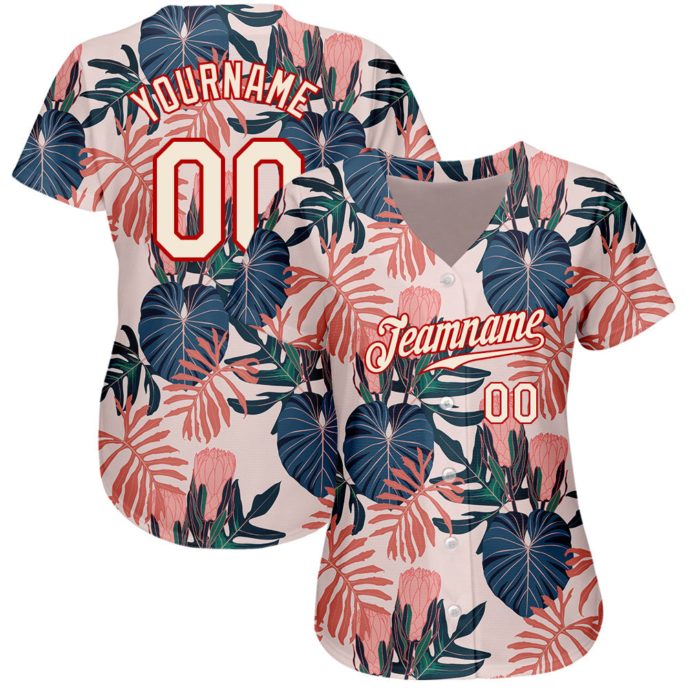 Custom Cream Red 3D Pattern Design Hawaii Palm Leaves And Flowers Authentic Baseball Jersey view 2