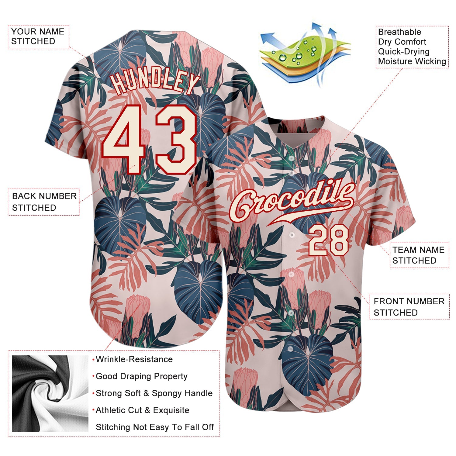 Custom Cream Red 3D Pattern Design Hawaii Palm Leaves And Flowers Authentic Baseball Jersey view 3