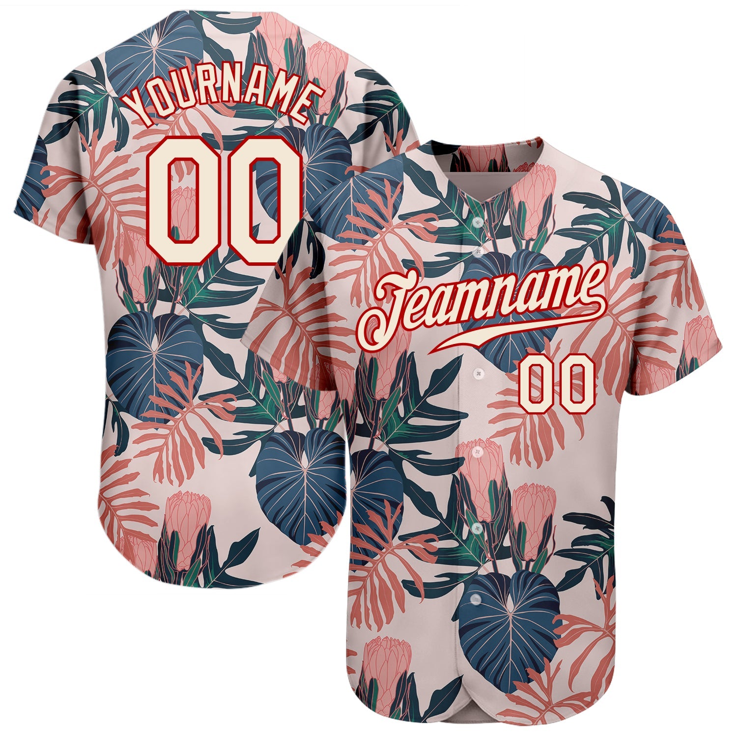 Custom Cream Red 3D Pattern Design Hawaii Palm Leaves And Flowers Authentic Baseball Jersey - Main View