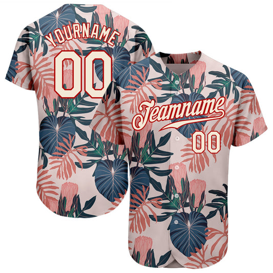 Custom Cream Red 3D Pattern Design Hawaii Palm Leaves And Flowers Authentic Baseball Jersey - Main View