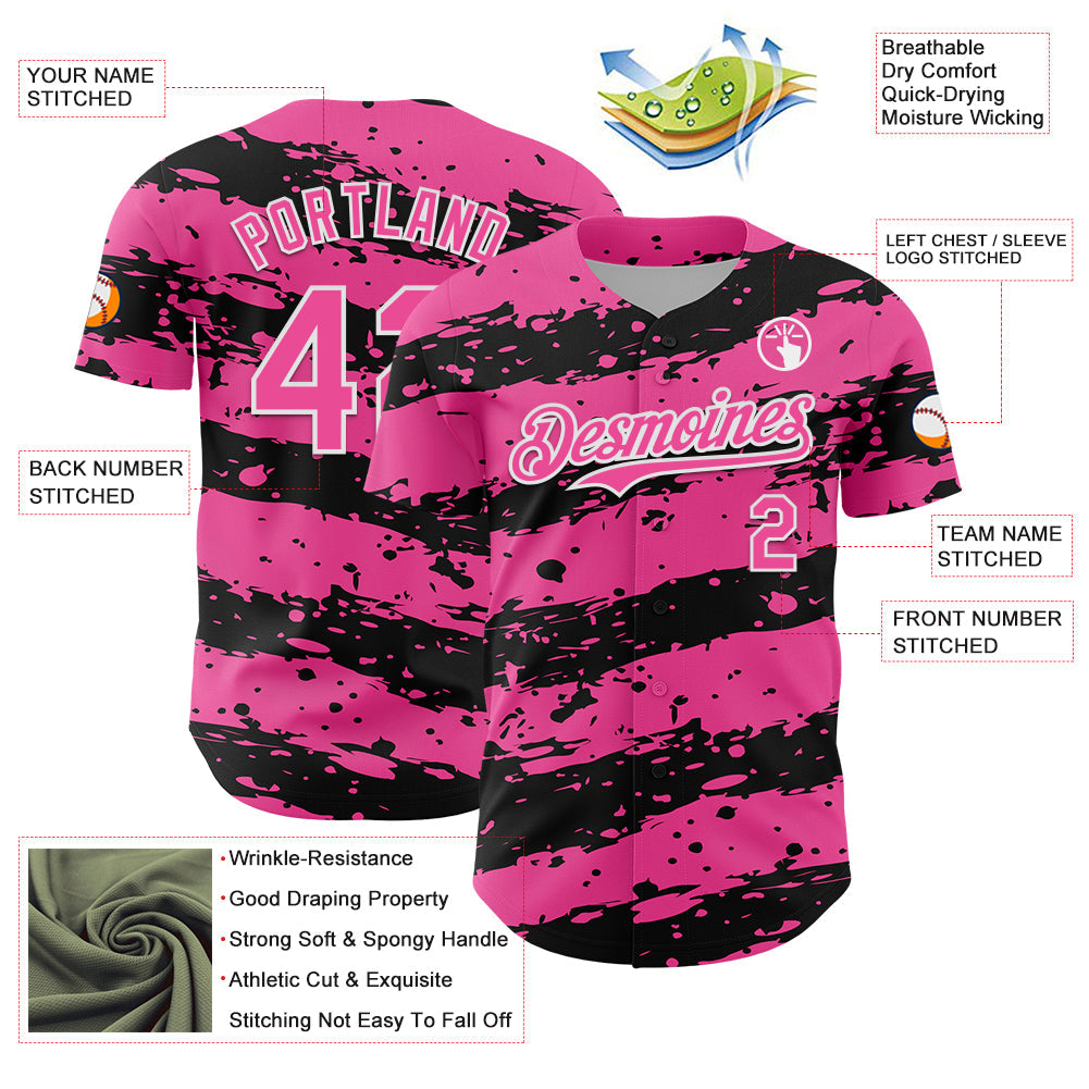Custom Pink Black-White Paint Splash Stripe Authentic Baseball Jersey view 3