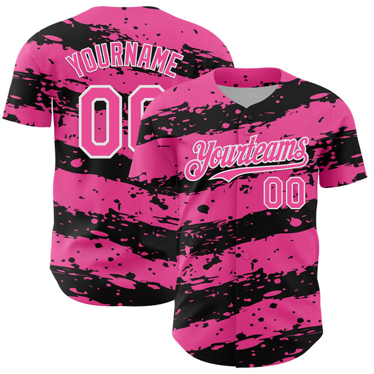 Custom Pink Black-White Paint Splash Stripe Authentic Baseball Jersey - Main View