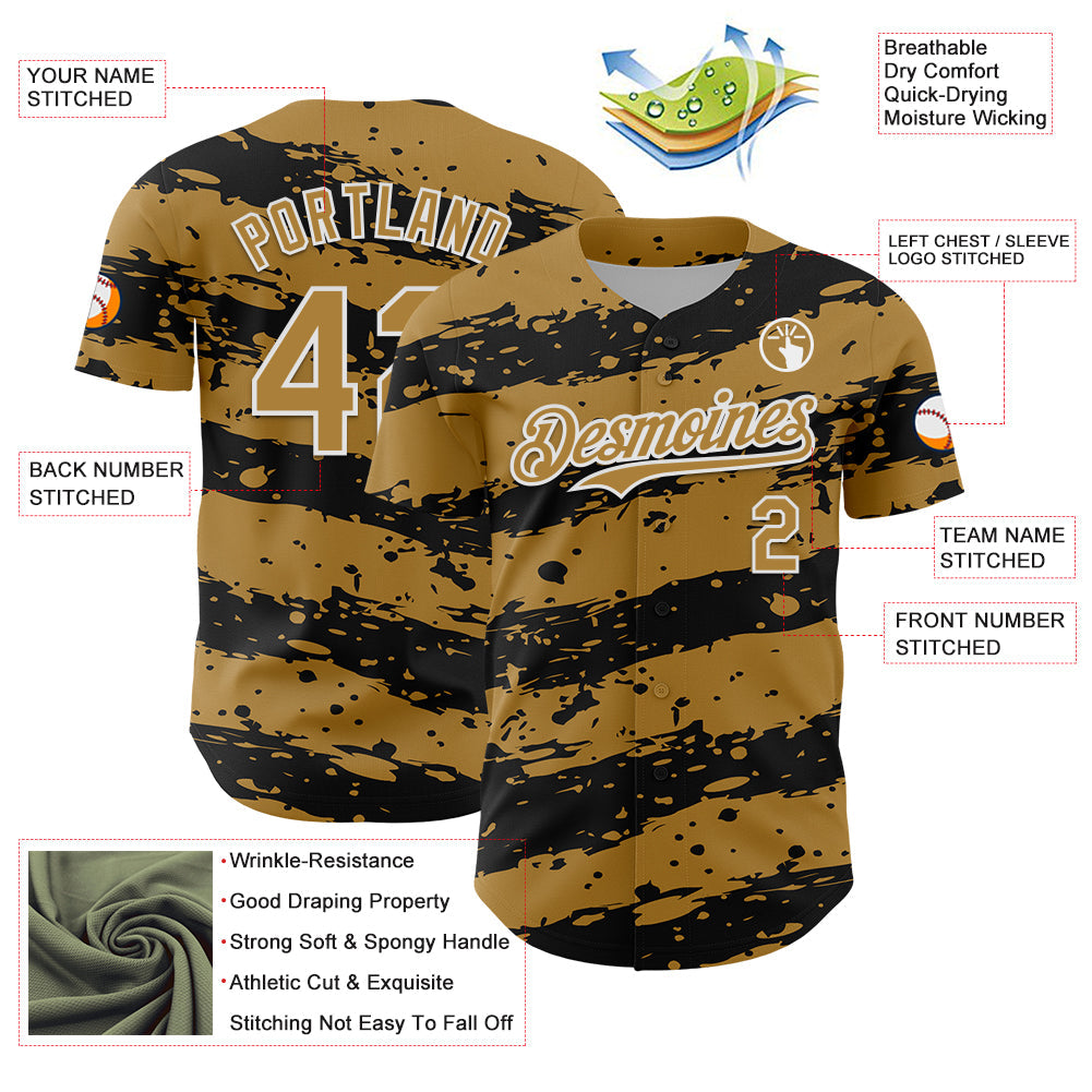 Custom Old Gold Black-White Paint Splash Stripe Authentic Baseball Jersey view 3