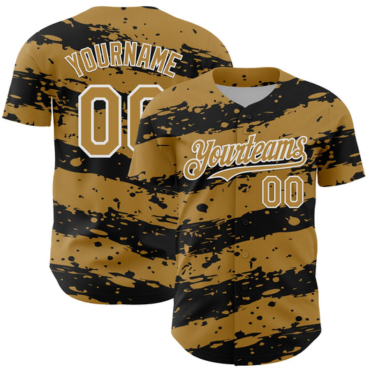 Custom Old Gold Black-White Paint Splash Stripe Authentic Baseball Jersey - Main View