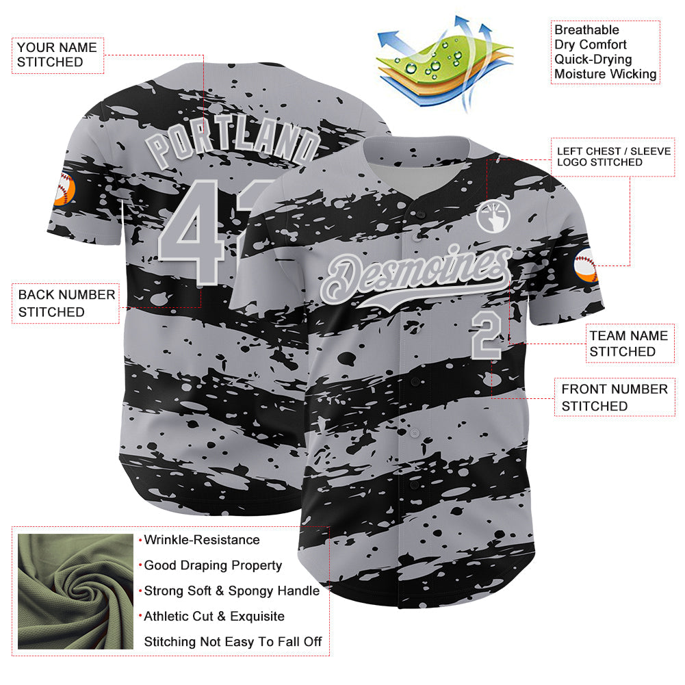 Custom Gray Black-White Paint Splash Stripe Authentic Baseball Jersey view 3