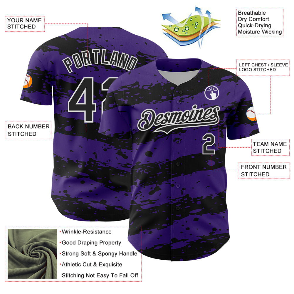 Custom Purple Black-White Paint Splash Stripe Authentic Baseball Jersey view 3