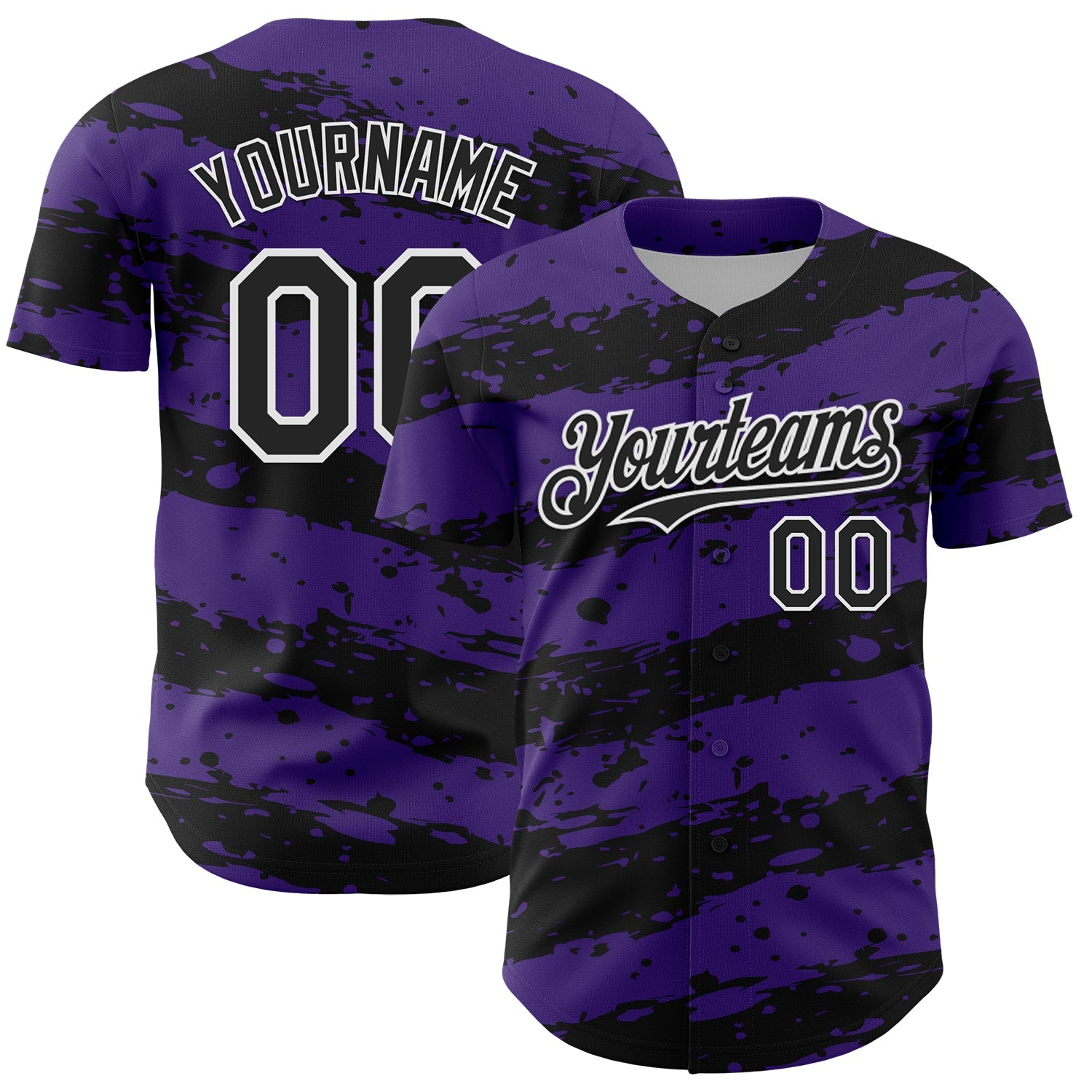 Custom Purple Black-White Paint Splash Stripe Authentic Baseball Jersey - Main View