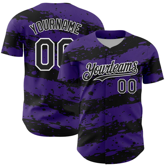 Custom Purple Black-White Paint Splash Stripe Authentic Baseball Jersey - Main View