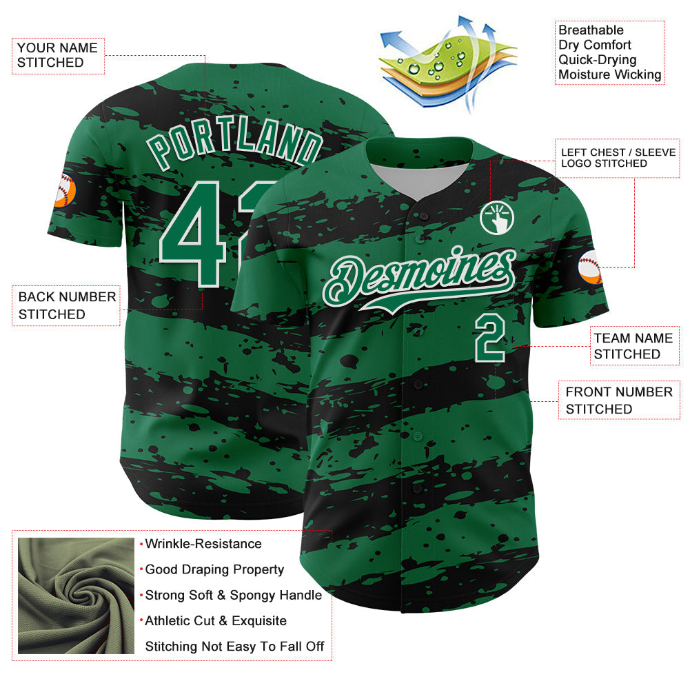 Custom Kelly Green Black-White Paint Splash Stripe Authentic Baseball Jersey view 3