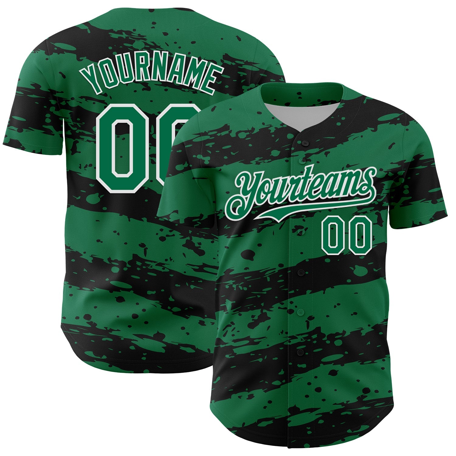 Custom Kelly Green Black-White Paint Splash Stripe Authentic Baseball Jersey - Main View