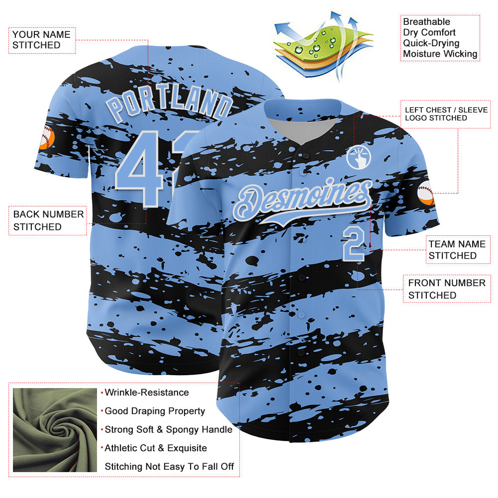 Custom Light Blue Black-White Paint Splash Stripe Authentic Baseball Jersey view 3