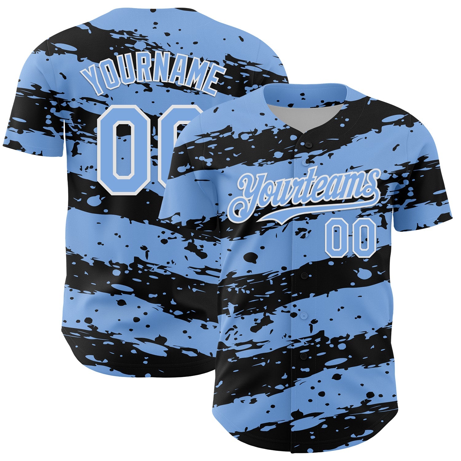 Custom Light Blue Black-White Paint Splash Stripe Authentic Baseball Jersey - Main View