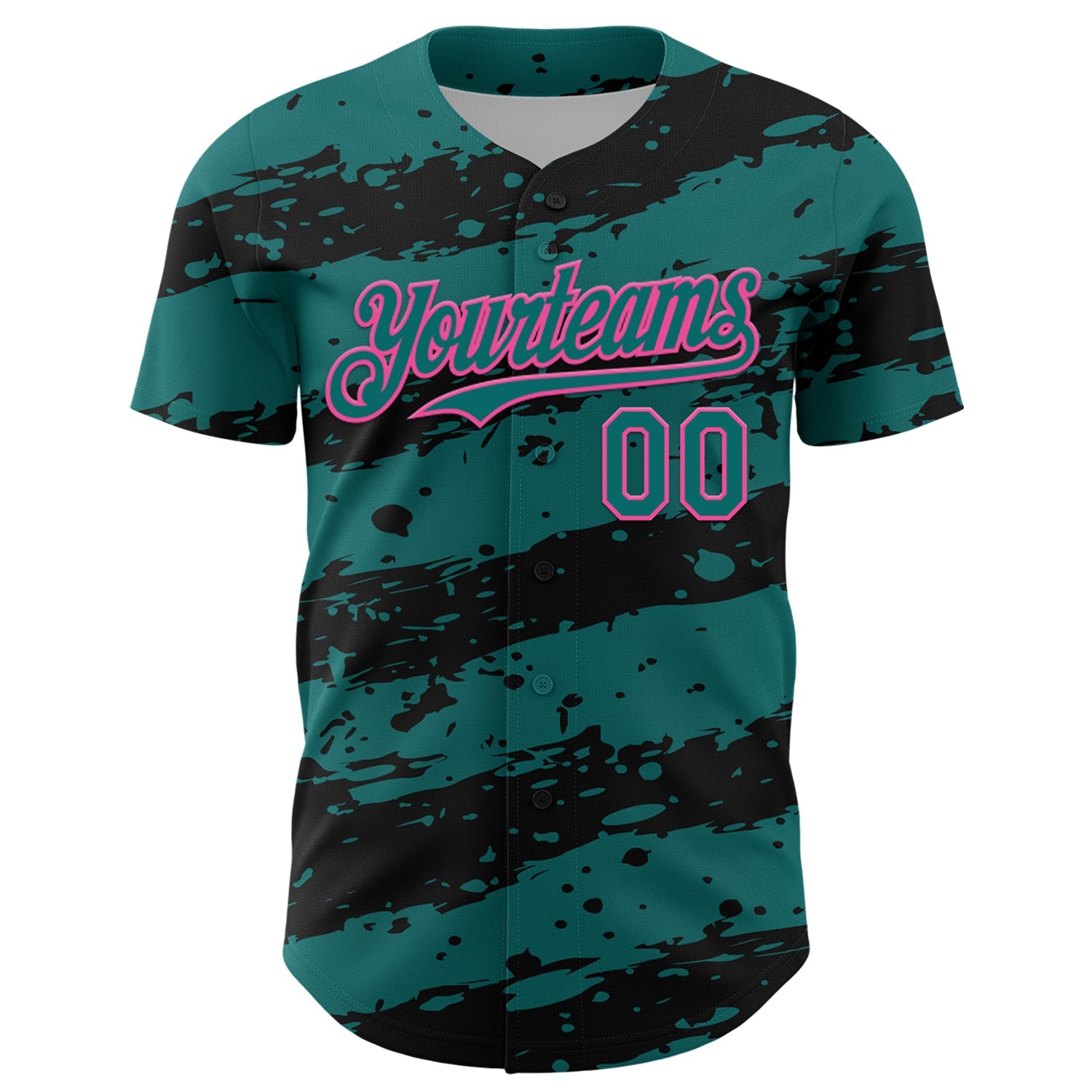 Custom Teal Black-Pink Paint Splash Stripe Authentic Baseball Jersey view 2