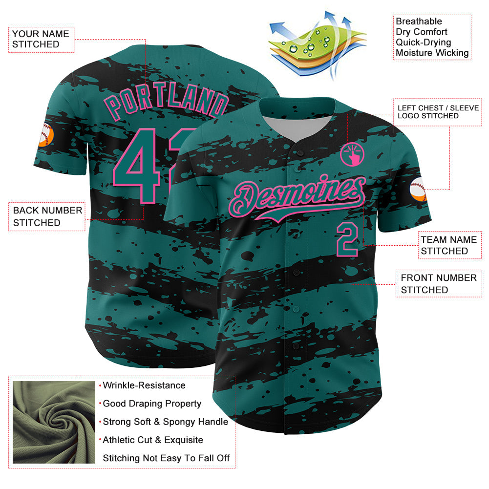 Custom Teal Black-Pink Paint Splash Stripe Authentic Baseball Jersey view 3