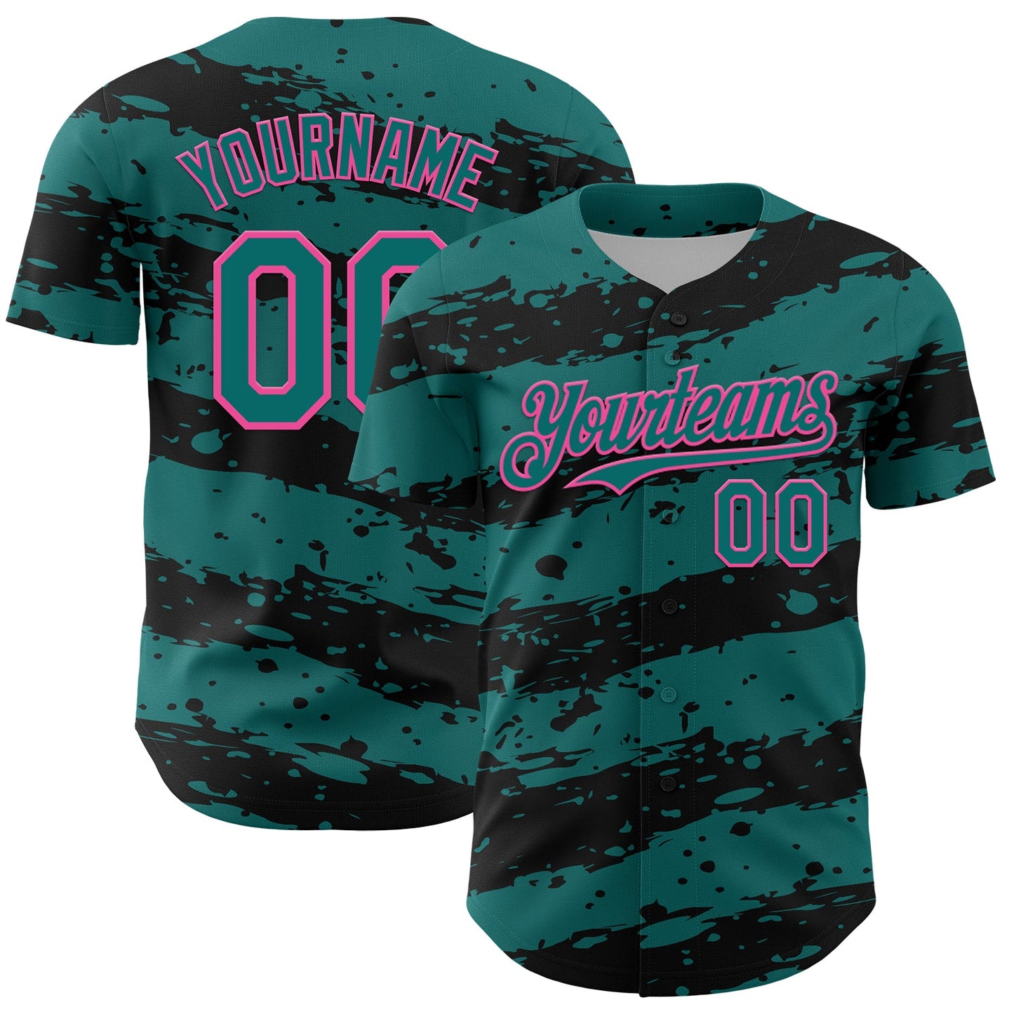 Custom Teal Black-Pink Paint Splash Stripe Authentic Baseball Jersey - Main View