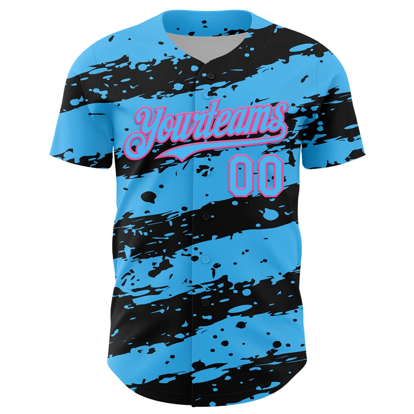 Custom Sky Blue Black-Pink Paint Splash Stripe Authentic Baseball Jersey view 2