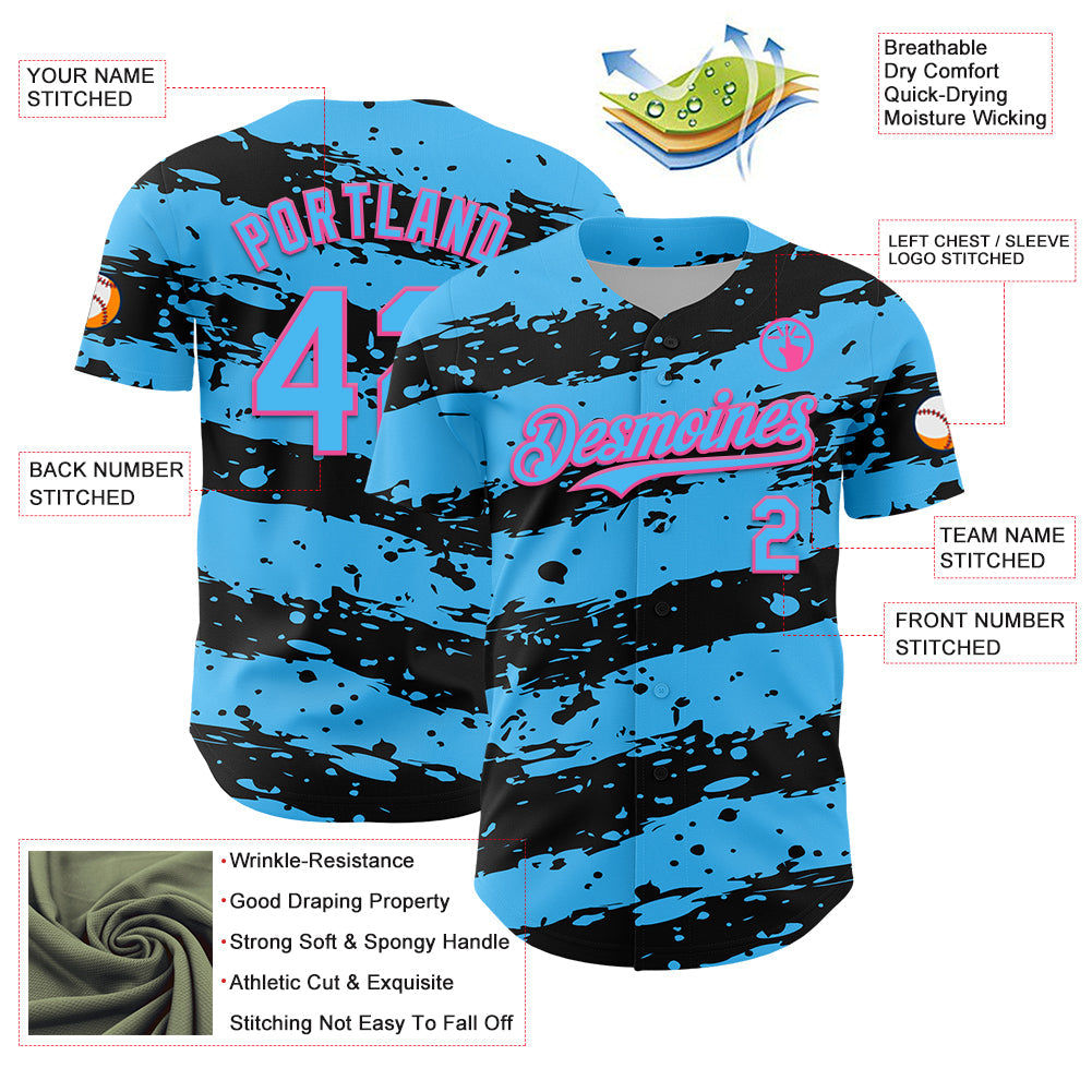 Custom Sky Blue Black-Pink Paint Splash Stripe Authentic Baseball Jersey view 3