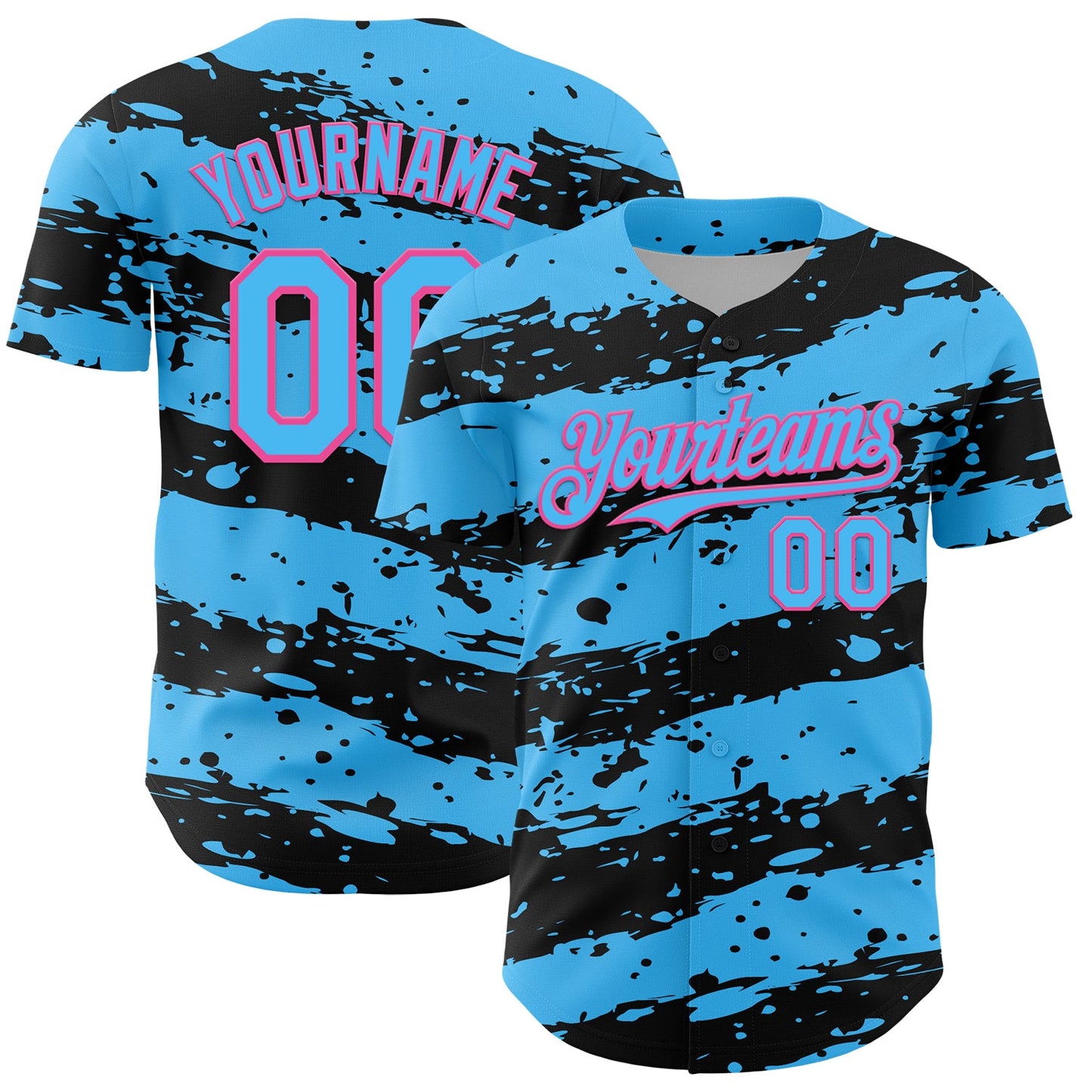Custom Sky Blue Black-Pink Paint Splash Stripe Authentic Baseball Jersey - Main View